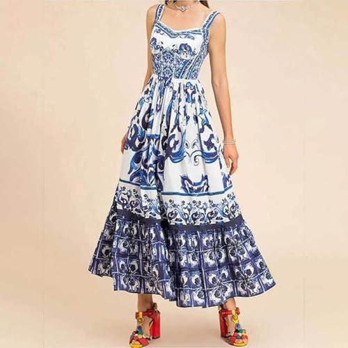 New Bohemian Printed Square Neck Suspender Dress Pleated Slim high Waist Beach Vacation Fluffy Long Skirt3