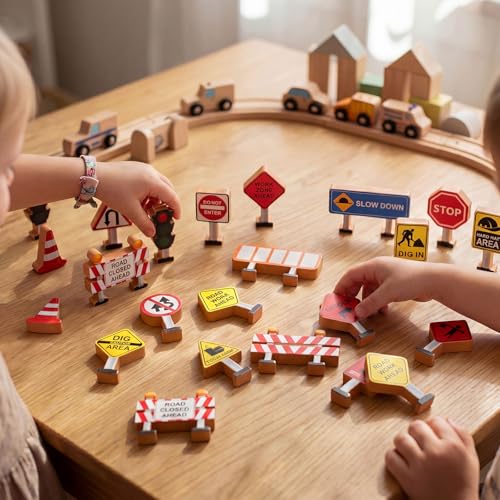 Image of Blosssound Wooden Toys Set for Preschool Classroom - Multicultural Career People Blocks Educational Wooden Play for Kids Learning Toys Play Games Activity Supplies(26 Pcs,Construction Signals)
