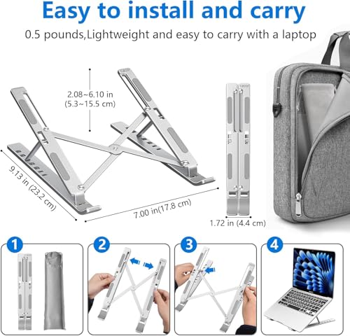 Image of Tukzer Foldable Laptop Stand Riser for Laptop, MacBook, Notebook & Tablets up to 17 Inch, 7 Level Height Angle Adjustment, 2X Stronger M-Shape Aluminum Silicone Pads Air Ventilation (Silver)