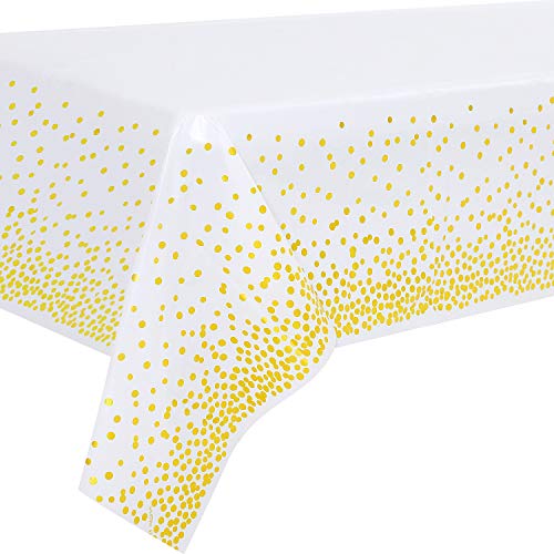 Duocute 2PCS Nappe de Table de Fête Blanc et Or Jetable pour Table Rectangulaire, Couverture de Table Confettis Dorés, pour Douche Nuptiale, Fiançailles, Mariage, 137 cm x 274 cm
