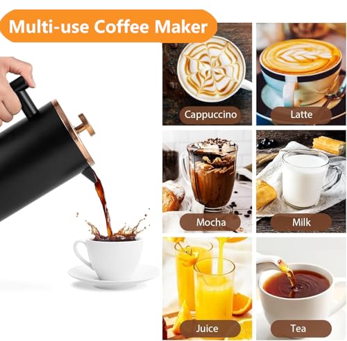 Image of Black French Press Stainless Steel 34oz, Double Wall Insulated Coffee Press 1L for travel camping with 2 Extra Filter Screens and 1 Coffee Spoon(8cup 1000ml)