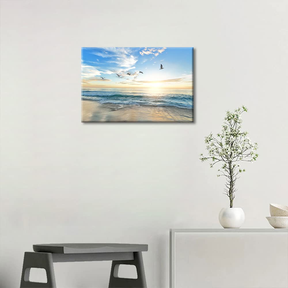 Canvas Prints Wall Art Beach Sunset Ocean Waves Seagulls Nature Pictures Stretched Canvas Wooden Framed for living Room Bedroom and Office 16x24inch — view 3