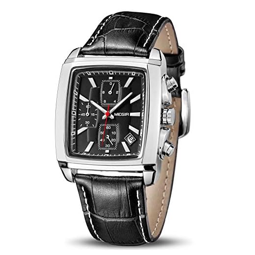 MEGIR Men's Business Analog Chronograph Luminous Rectangle Quartz Watch with Stylish Black Leather Strap for Sport & Work (2028 Black)