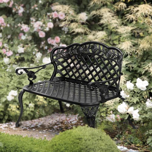Image of VINGLI 42.5 inch Outdoor Bench, Antique Cast Aluminum Front Porch Bench Metal Garden Benches Cast Iron Benches 2 People Seating (Black)