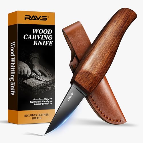 RAVS Whittling Knife with Leather Sheath, High Carbon Steel Blade Wood Carving Knife with Titanium Coating, Sloyd Knife with Ergonomic Rosewood Handle, Wood Carving Tools for Beginners to Experts