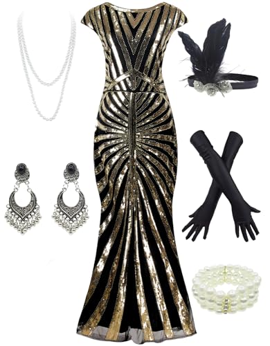 Women 1920S Gatsby Sequin Mermaid Formal Evening Dress with 20s Accessories Costume (L, Black Gold)