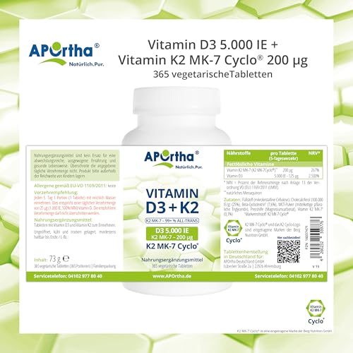 APOrtha Vitamin D3 5.000 I.E + 200 µg K2 99+% ALL-Trans, 365 vegetarische Tabletten hochdosiert u. teilbar, Premium Vitamin D und K Tablette leicht zu schlucken - Alternative zu Tropfen und Kapseln