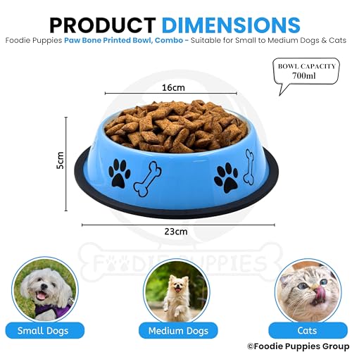 Image of Foodie Puppies Stainless Steel Dog Bowl Combo - (Medium,700ml) Food and Water Feeding Bowl | Suitable for Small to Medium Dogs I Paw Bone Print, Anti-Skid Rubber Base I Gift for Dogs (Skyblue + Black)