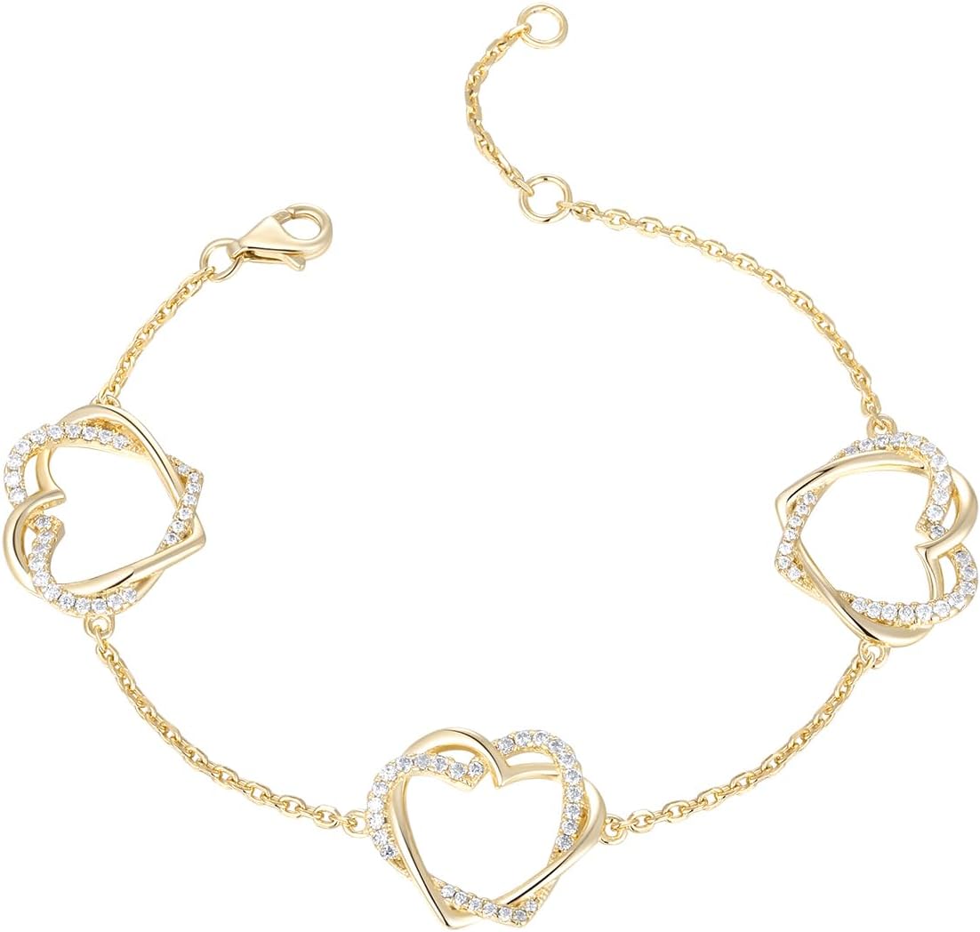 CYW Moissanite Double Hearts Chain Bracelet for Women, Real Authentic 925 Sterling Silver, 6.3"/7.1" Adjustable, Birthday Anniversary Valentines Christmas Ideal Gift for Her
