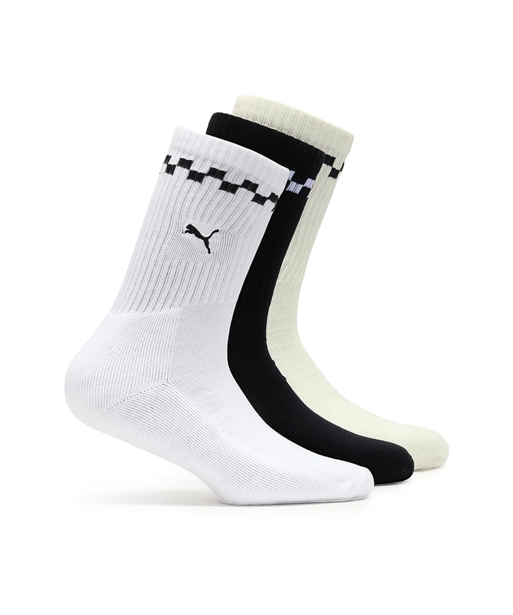 |Chequered Heritage Long Crew Socks Pack of 3 | Warm White-Black-White | S