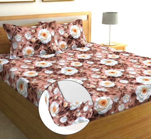 Image of 250 TC Premium 7D Printed Cotton Feel Elastic Fitted Double King Size Bedsheet with 2 Pillow Covers 78 inch x 72 inch Fits up to 6-Inch Mattress Brown