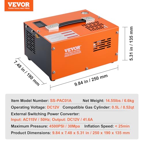 VEVOR PCP Air Compressor, 4500PSI Portable PCP Compressor, 12V DC/110V AC PCP Airgun Compressor Manual-stop, w/External Power Adapter, Built-in Fan, Suitable for Paintball, Air Rifle, Scuba Bottle