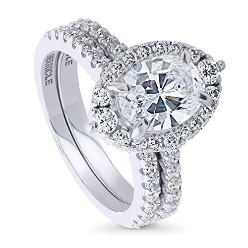 BERRICLE Rhodium Plated Sterling Silver Oval Cut Cubic Zirconia CZ Halo Engagement Wedding Ring Set 2.7 CTW Size 6