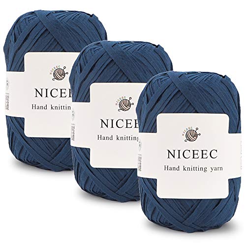 Image of NICEEC 3 Skeins Kraft Paper Yarn Raffia Yarn Soft Craft Ribbon Yarn Polyester Yarn for Crocheting DIY Weaving-Total Length 145mx3(158ydsx3, 50gx3)-Dark Blue