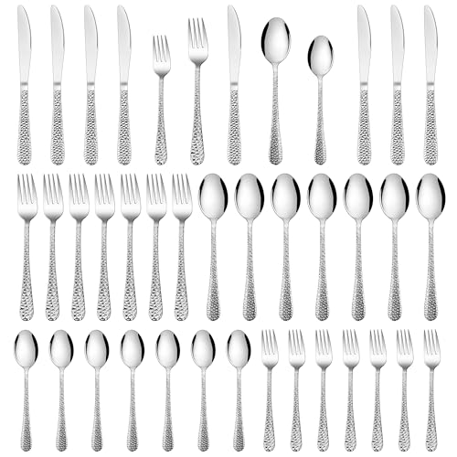 HaWare Hammered Silverware Set, 40-Piece Stainless Steel Flatware Set Serving for 8, Food-Grade Tableware Cutlery Set, Durable Eating Utensil Sets for Home Restaurant, Mirror Polish, Dishwasher Safe