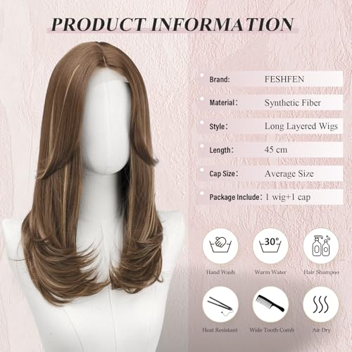Image of FESHFEN Lace Front Hairline Wigs with Bangs, Synthetic Natural Looking Long Layered Straight Hair Wig for Women Daily Party Costume, 18 inch Brown Highlighted Blonde