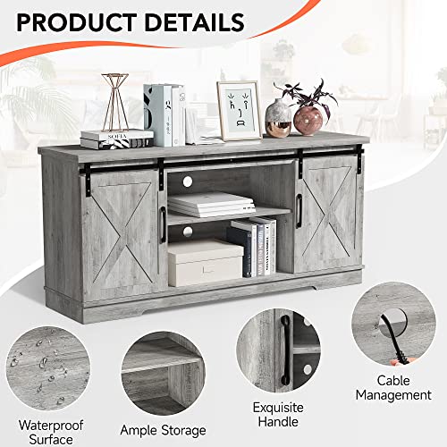 Amyove TV Stand for 65 Inch TV Modern Farmhouse Wooden Entertainment Center with Sliding X Barn Door and Storage, 58 Inch Gray