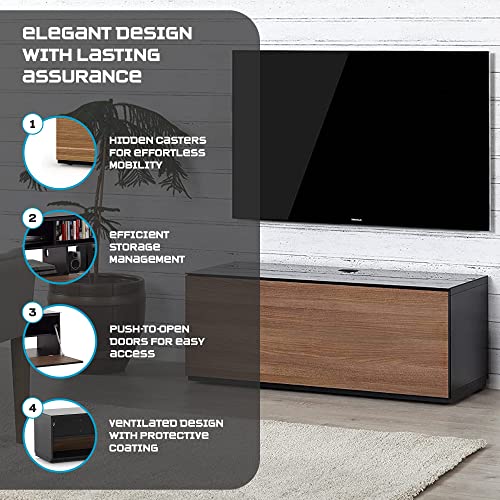 Image of SONOROUS ST-110 Premium TV Stand with Black Glass & Walnut Wood Cover - Modern Entertainment Center & Media Console for Living Room - TV Cabinet up to 65 Inch with Hidden Wheels - Sleek Storage Design