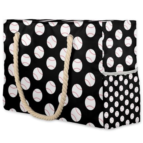 Baseball Black Tote Beach Bag for Women with Zipper Large Waterproof Sandproof Swim Pool Bag