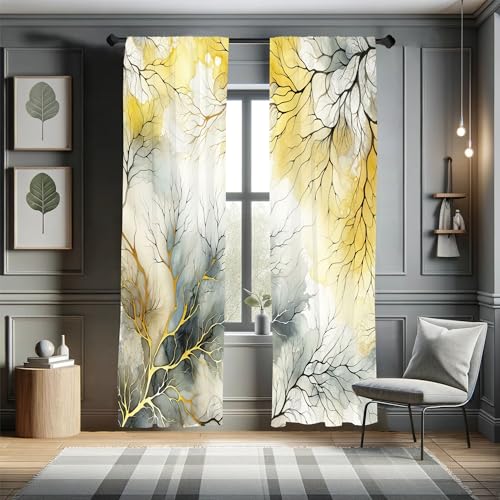 Ambesonne Yellow Window Curtains, Modern Watercolor Look Backdrop with Leafless Branch Huddle Print Boho, Lightweight Decorative 2-Panel Set & Rod Pocket, Pair of - 28