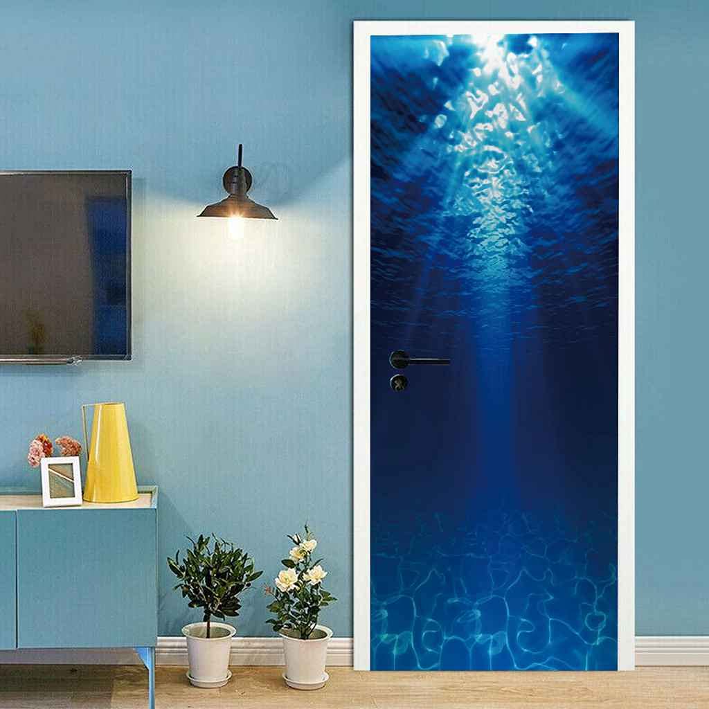 CBWRAW 3D deurmuurschildering poster 77x200cm zelfklevend verwijderbaar waterdicht PVC blauwe sterrenhemel landschap behang stickers sticker voor woonkamer jongen meisje kind slaapkamer kantoor badkamer woondecoratie