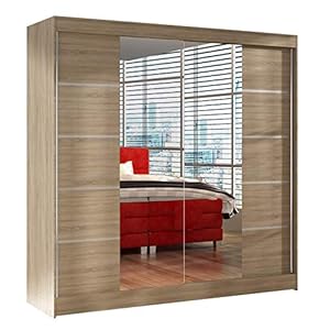 Schwebetürenschrank Basti V 200 cm mit Spiegel – Kleiderschrank mit 2 Türen, Kleiderstange und Einlegeboden…