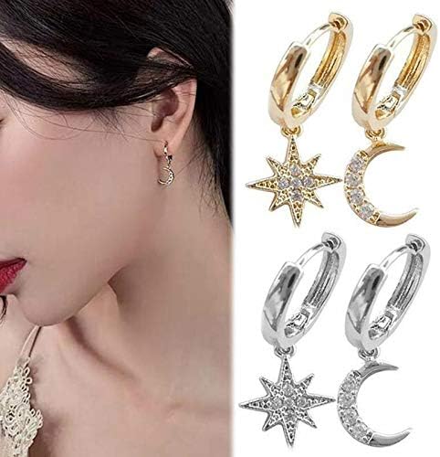 Small Dangle Hoop Earrings, Cute Star Moon Gold/Silver Mini Huggie Hoop Earrings with Charm for Women Ear Piercing Simple Jewelry Gift for Birthday Valentine's Day and Mother's Day