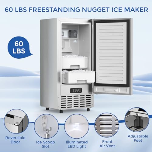 Image of Electactic Commercial Nugget Ice Maker Machine, 66Lbs /Day, Bulit-in Freestanding Under Counter Ice Machine, Self-Cleaning & 24H Timer & LCD Panel,Stainless Steel Ice Maker