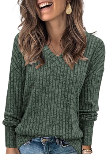 LIAMERHE Camicetta da Donna Autunno Elegante Bluse Scollo a V in Strisce Verticali Manica Lunghe Camicia Moda T-Shirt Ampia Top con Intagli per Primavera Camicia Casual Verde Scuro S