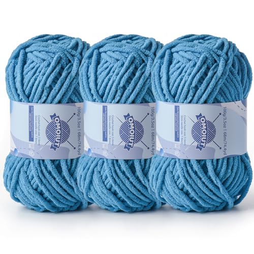 Image of 3 Pack Chunky Chenille Yarn for Crocheting, Baby Yarn for Crocheting Soft Blankets, Bulky Yarns for Crochet Amigurumi, 300g (223yds) Fluffy Velvet Yarns for Hand Knitting (3 Lake Blue)