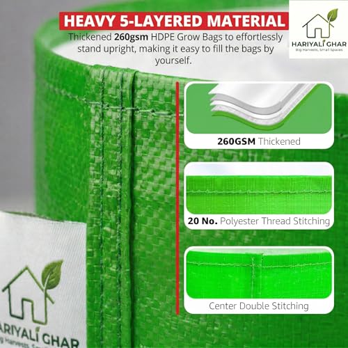 Image of Heavy Duty 260 GSM HDPE Square Grow Bags 24x12x12 Inch, UV Protected Green Planting Bags for Terrace Kitchen Gardening Pack of 5