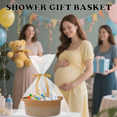 Image of Woven Rope Basket - Baby Gift Basket with Bag & Ribbon, Jute&Brown