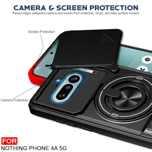 Image of AESTMO Nothing Phone 4A 5G Back Cover | Armor Camera Slider 360 Degree Rotating Finger Ring Holder Case with Bracket Stand & Camera Protection Back Case Cover for Nothing Phone 4A 5G (Black)