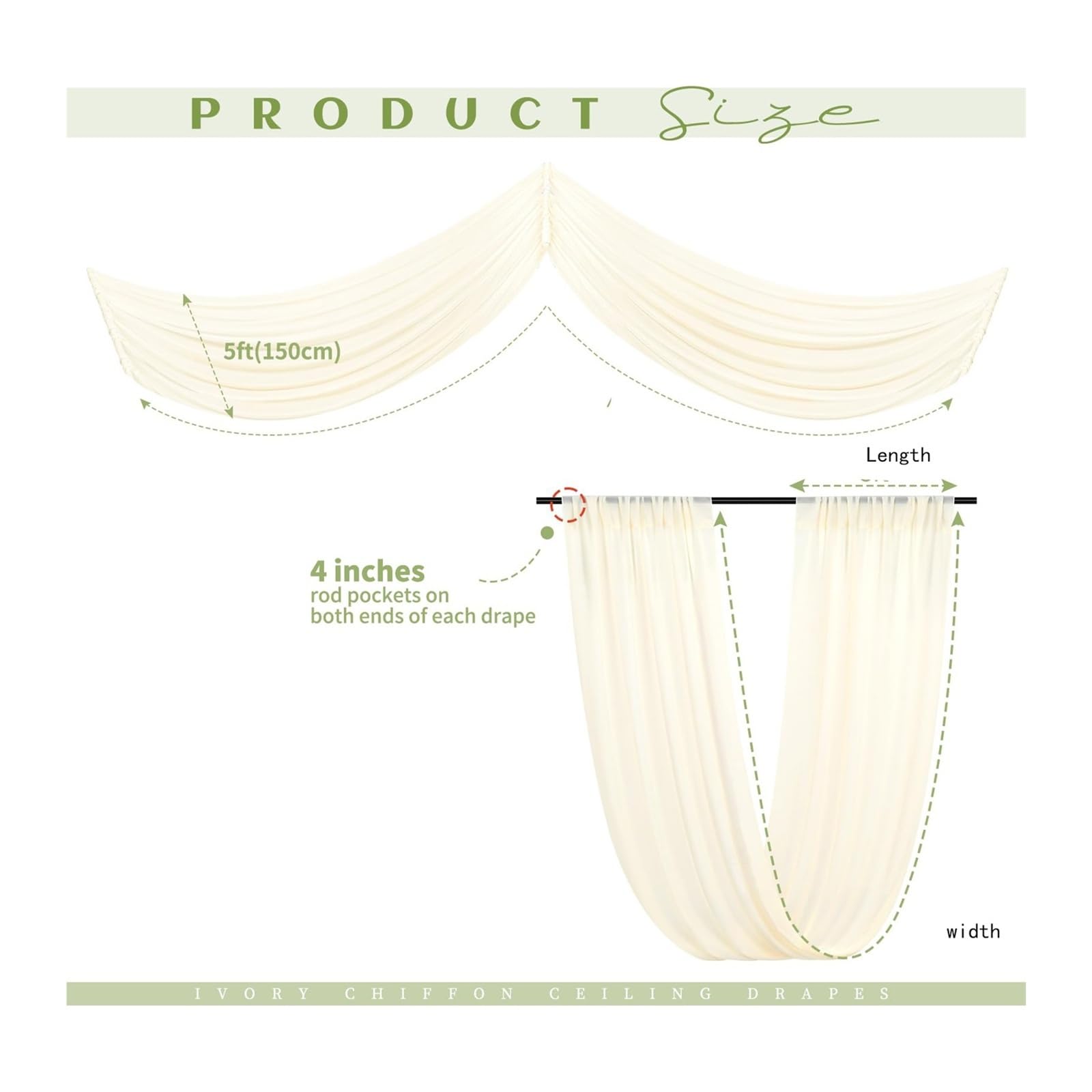 Panneaux De Rideaux De Plafond Rideaux de Plafond en Tissu for Arc Mariage, Rideaux Transparents, draperie Voile, décoration for fête, cérémonie, scène Swag(1PC Beige,W150XH1000CM)