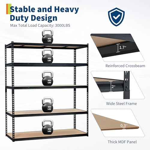 Garage Storage Shelves 5 Tiers, Heavy Duty Storage Shelving Racks with 3000 Lbs Capacity, 60" L x 24" W x 72" H Metal Adjustable Shelving Unit for Kitchen Pantry Basement Bathroom Laundry