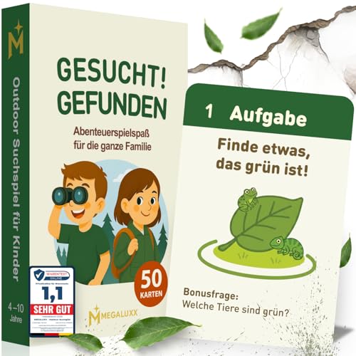 MEGALUXX Schatzsuche Spiel Kinder I Gesucht & Gefunden | Outdoor Spiel von 4,5,6,7,8,9,10 Jahren | Schnitzeljagd Karten Set (50 Karten) Natur Bewegungsspiel