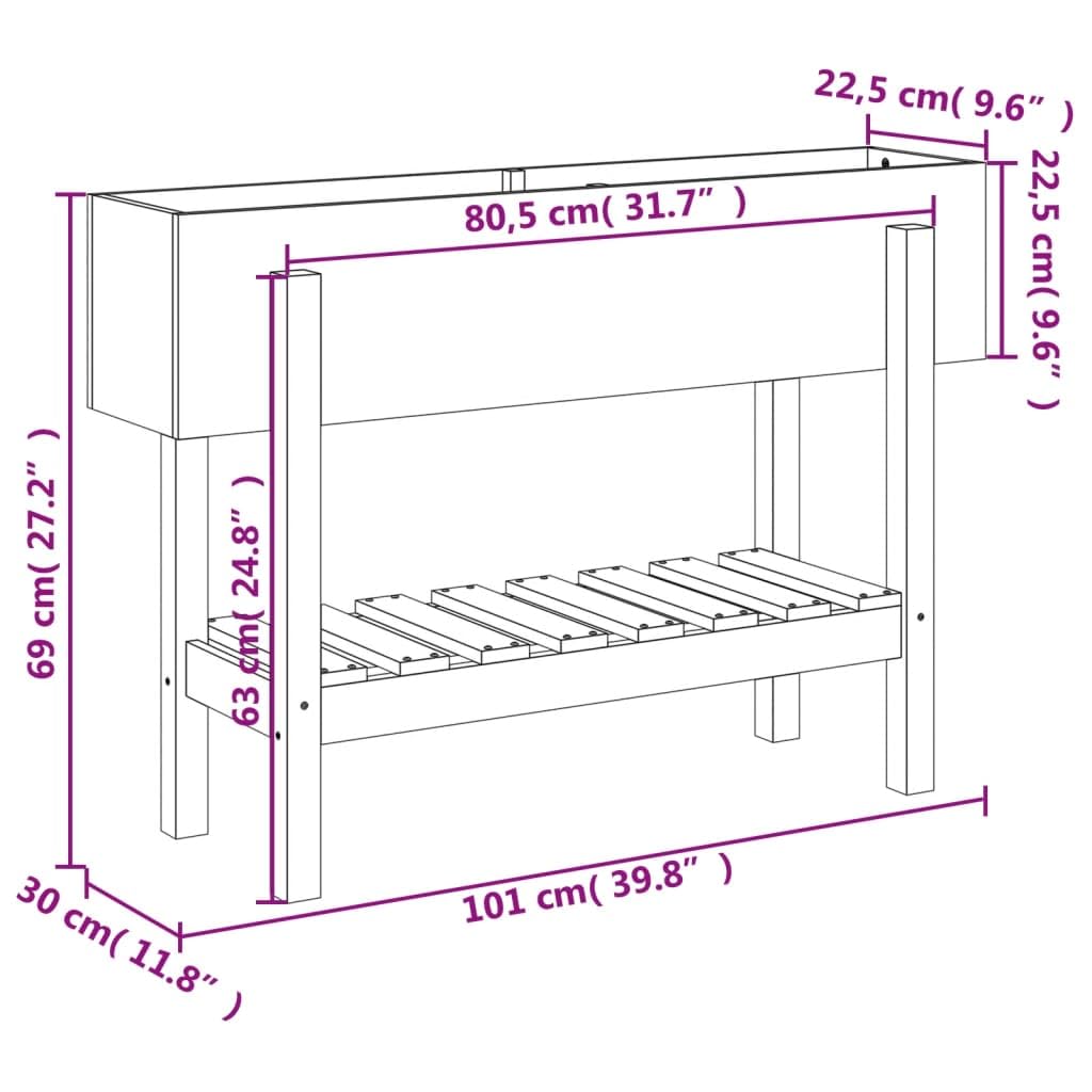 Jardinera de madera maciza, 101 x 30 x 69 cm, para jardín, balcón, terraza, bancal de hierbas, con estante para accesorios de jardín, huertos, madera sin tratar