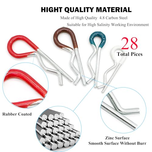 Image of 28 Pcs Hitch Pins Clip R Clips Spring Retaining Wire Hair Pins Cotter Pin Strong Spring Rubber-Coated Grip R Clip for Trailer Tractors Mower Carts Truck Pin Clip 4Sizes M3x60 M3x50 M2.5x45 M2x40
