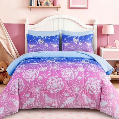 Image of Dinjoy Girls Comforter Set 7 Pieces, Full Size Colorful Ombre Rainbow Bedding Set, Bed in A Bag for Kid Teen Girls (1 Comforter, 1 Flat Sheet, 1 Fitted Sheet, 2 Pillow Shams, 2 Pillowcases)