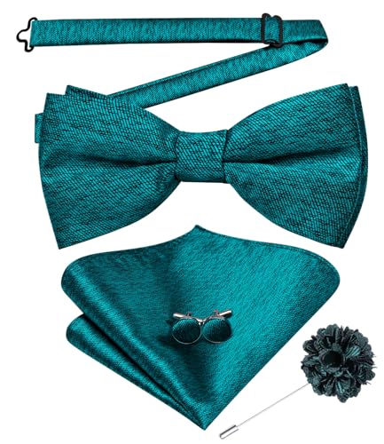 Image of Hi-Tie 5Pcs Mens Solid Color Silk Tie Satin Pretied Bowtie Lapel Pin for Men Handkerchief Cufflink Wedding Gift Box