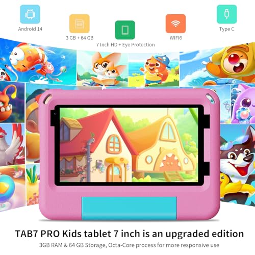 Image of PRITOM TAB7 PRO Kids Tablets 7 inch, 64 GB, 3 GB RAM Upgraded, Toddler Tablet Android 14 with WiFi, Dual Camera, Education, Games, Kids Software Pre-Installed, Parental Control, Pink