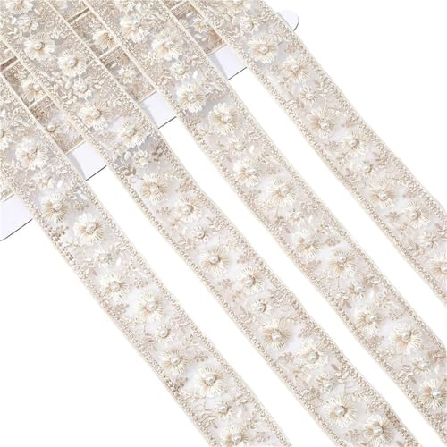 Cinta para ramo de encaje floral bordada blanca cinta tejida con cuentas de perlas de 1,38"
