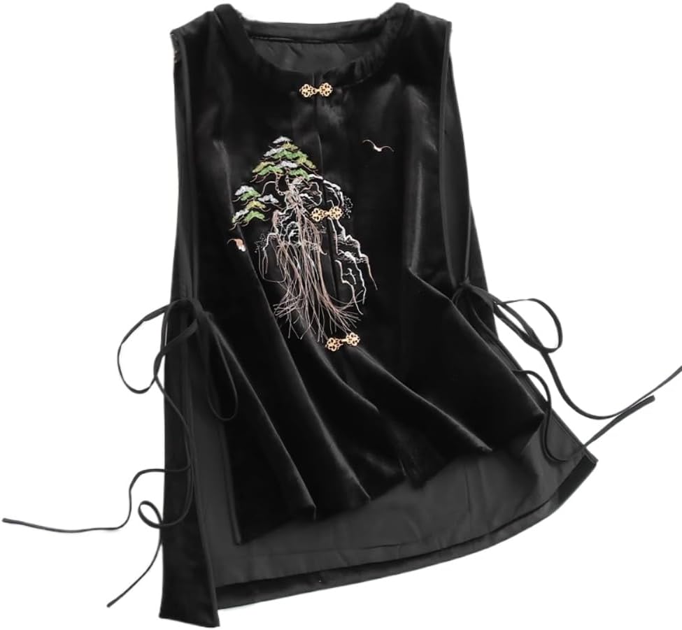 Embroidered embroidery tie black velvet Chinese style sleeveless vest womens