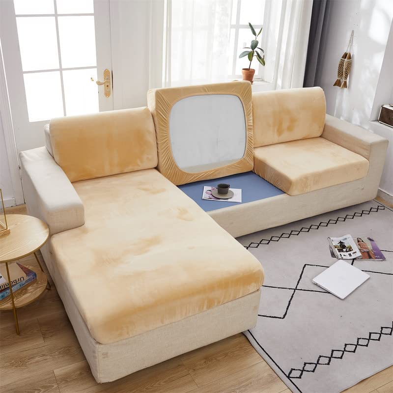 Soft Velvet Sofa Cushion Cover - Stretch Anti-Slip Sofa Cover Couch Cushion Covers for Sectional Sofa L Shape, Sofa Cushion Slipcover Furniture Protector (Beige Yellow, Large Triple Seat Cover) — image 1