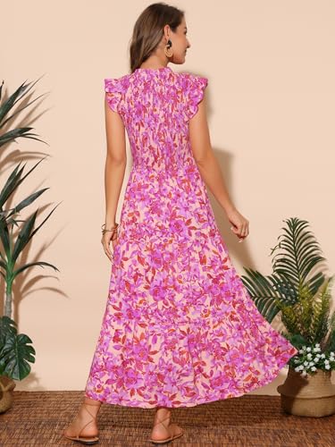 Image of Seta T Women's Summer Dresses Casual Ruffle Sleeveless V Neck Floral Sundress Flowy Smocked Beach Maxi Dress