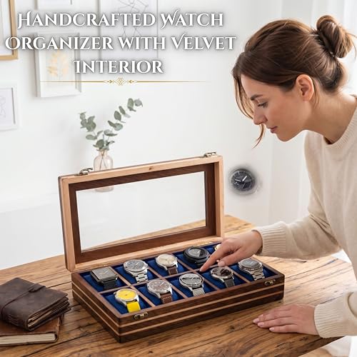 Image of Mens watch box, Watch display case, Indian Rosewood watch box organizer for men, Velvet lining glass lid, Solid Gift for Him, Made for Special Occasions (Dark brown - 10 room - 2)