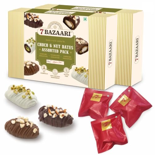 Image of 7 BAZAARI Premium Choco & Nut Dates - Gluten Free, Natural Ingredients - Assorted Almond Dark Chocolate, Cashew Milk Chocolate- 6pcs (Pack of 2)