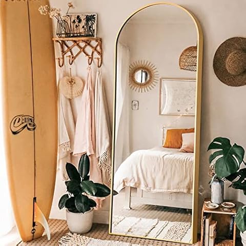 NeuType 65"x22" Arched Full Length Mirror Large Arched Mirror Floor Mirror with Stand Large Bedroom Mirror Standing or Leaning Against Wall Aluminum Alloy Frame Dressing Mirror, Gold Cover