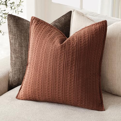 Image of Foindtower Set of 2 Decorative Cotton Waffle Weave Throw Pillow Cover Euro Shams Cushion Covers Accent European Pillowcase For Bed Couch Sofa Bedroom Living Room Home Decor 26x26 Inch Fall Rust Orange