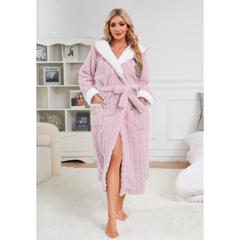 LYCY Womens Plush Hooded Robe, Soft Fluffy Womens Fleece Robe Long Warm Bathrobes for Women4